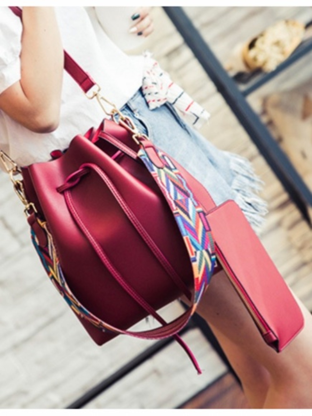 NEW• Atelier Women's Wine Vegan Bucket Crossbody Bag with Colorful Strap